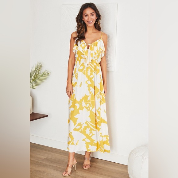 (20590-FLO-YELL) FLORAL PRINT RUFFLE V NECK MAXI DRESS - Picture 1 of 3